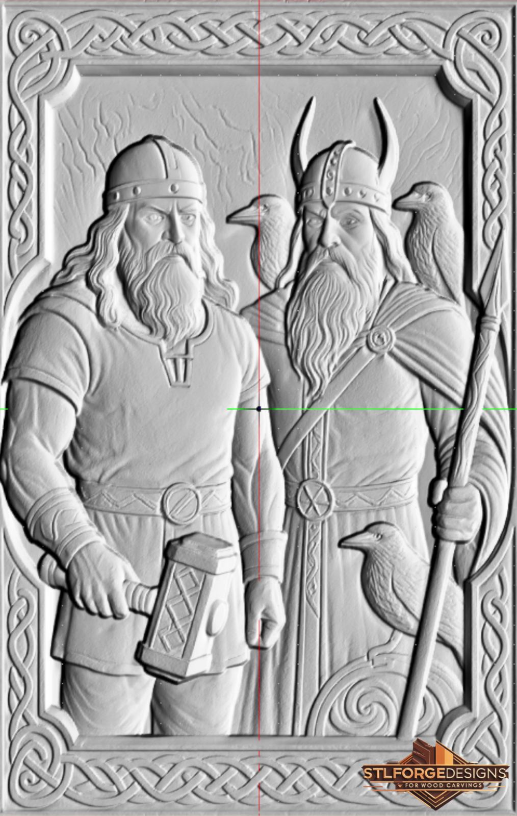 Thor and Odin STL CNC 3D relief — Norse gods with Mjolnir, ravens and Celtic frame, wood carving model