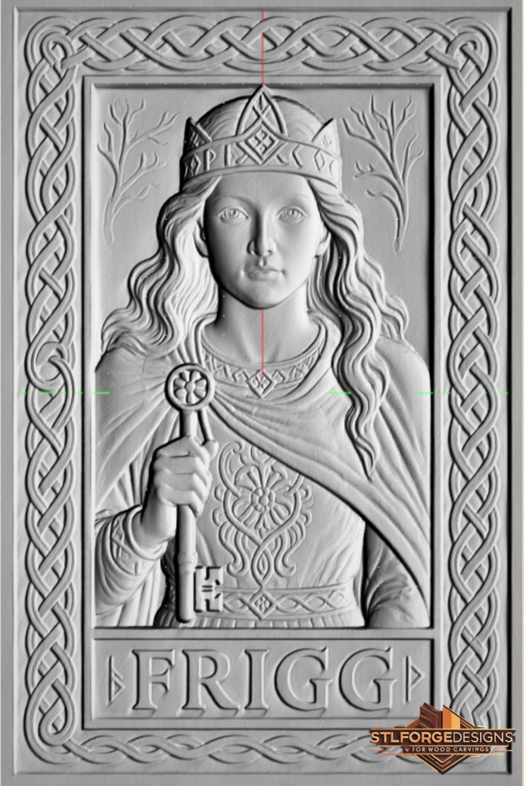 Frigg goddess viking STL CNC 3D relief — Frigg with runic crown key decorated knotwork clothing and FRIGG inscription in rich Celtic frame Norse mythology, wood carving model