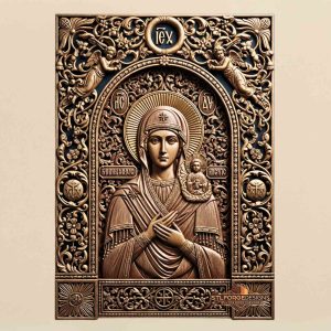 Virgin Mary tenderness angels STL CNC 3D relief — Orthodox icon Virgin Mary Umilenie with angels in upper corners rich baroque frame medallions and dark background, wood carving model