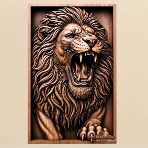Lion head STL CNC 3D relief — roaring lion in profile with paw full mane and teeth, detailed fur, wood carving model