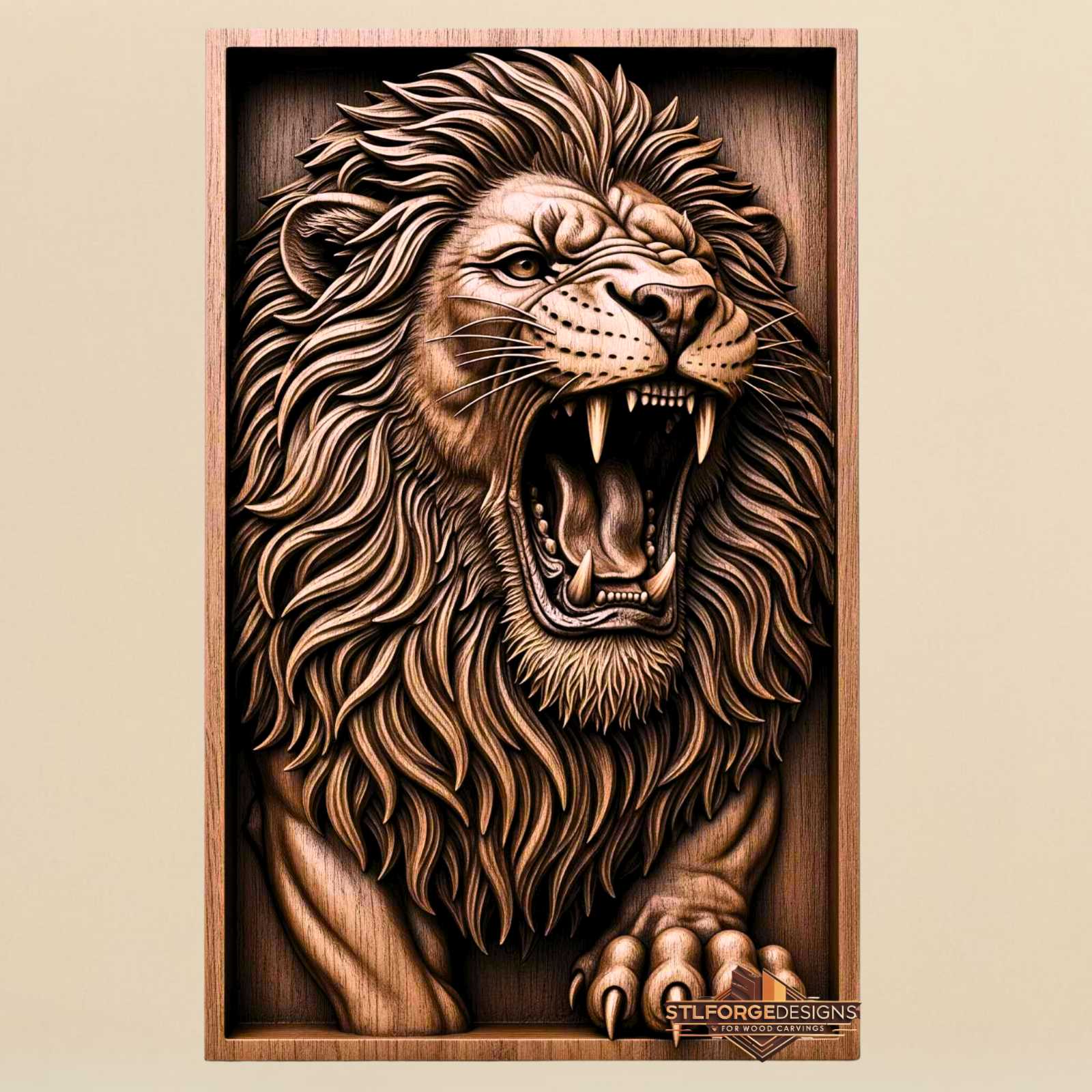 Lion head STL CNC 3D relief — roaring lion in profile with paw full mane and teeth, detailed fur, wood carving model