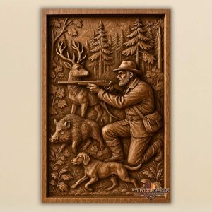 Hunter aiming deer dog STL CNC wall panel — finished wood carving of hunter aiming deer dog boar mixed forest no frame, beech wood