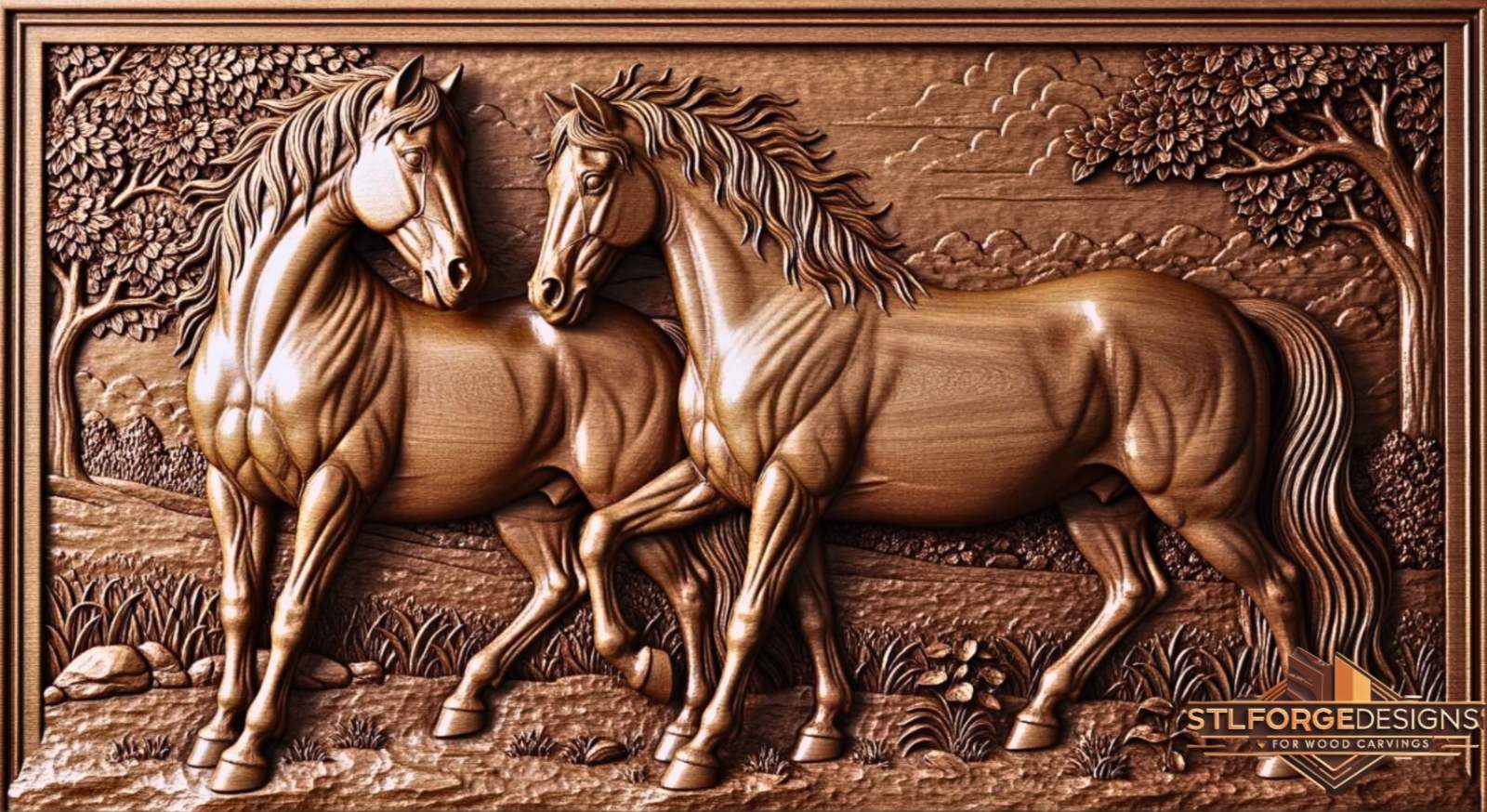 Horses landscape trees STL CNC 3D relief — two horses in realistic nature scene with trees rocks and grass in horizontal format with frame, wood carving model