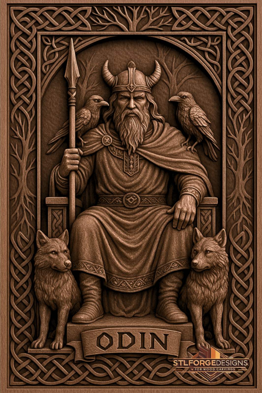 Odin throne inscription STL CNC detail — close-up of decorated belt with knotwork ornament and arch with Yggdrasil behind Odin, deep 3D relief