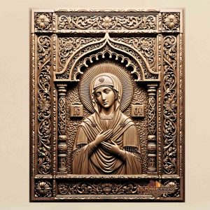 Theotokos Seven Arrows icon STL CNC 3D relief — Orthodox icon Virgin Mary Seven Arrows in prayer Moorish horseshoe arch columns textured leaf background and acanthus frame, wood carving model