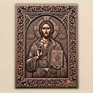 Christ Pantocrator lattice background STL CNC 3D relief — Orthodox icon with textured lattice background decorative Gospel cover and baroque frame with medallions wood carving model