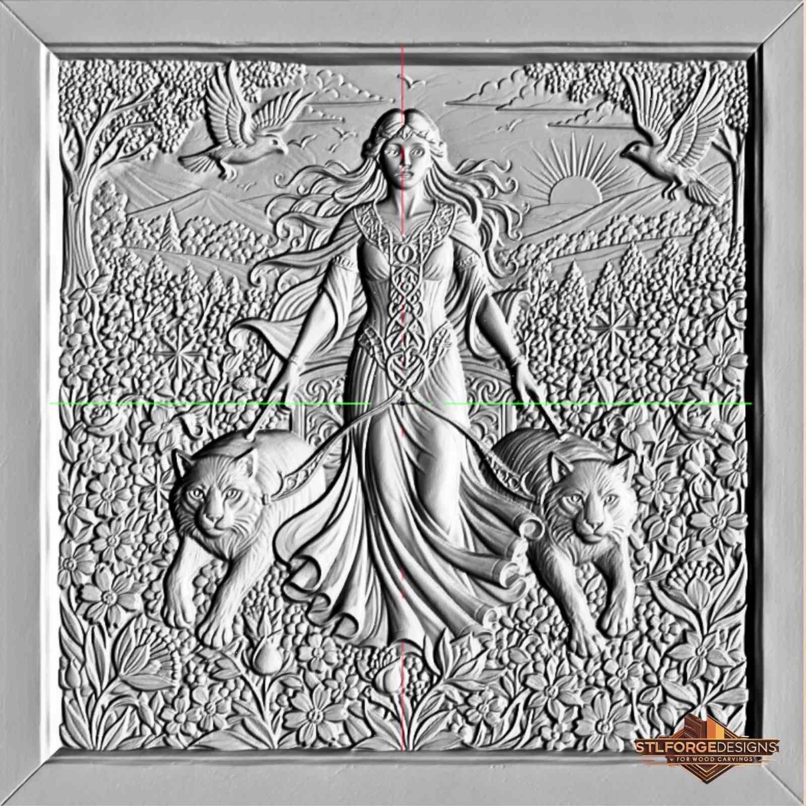 Freya STL file for CNC router — Scandinavian wall panel with goddess in nature and carved wood frame