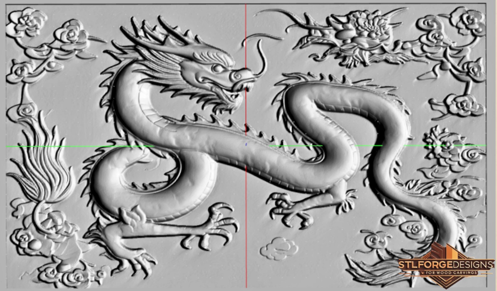 Dragon peonies STL CNC 3D relief — Chinese dragon with scales among peonies and clouds, horizontal composition, wood carving model