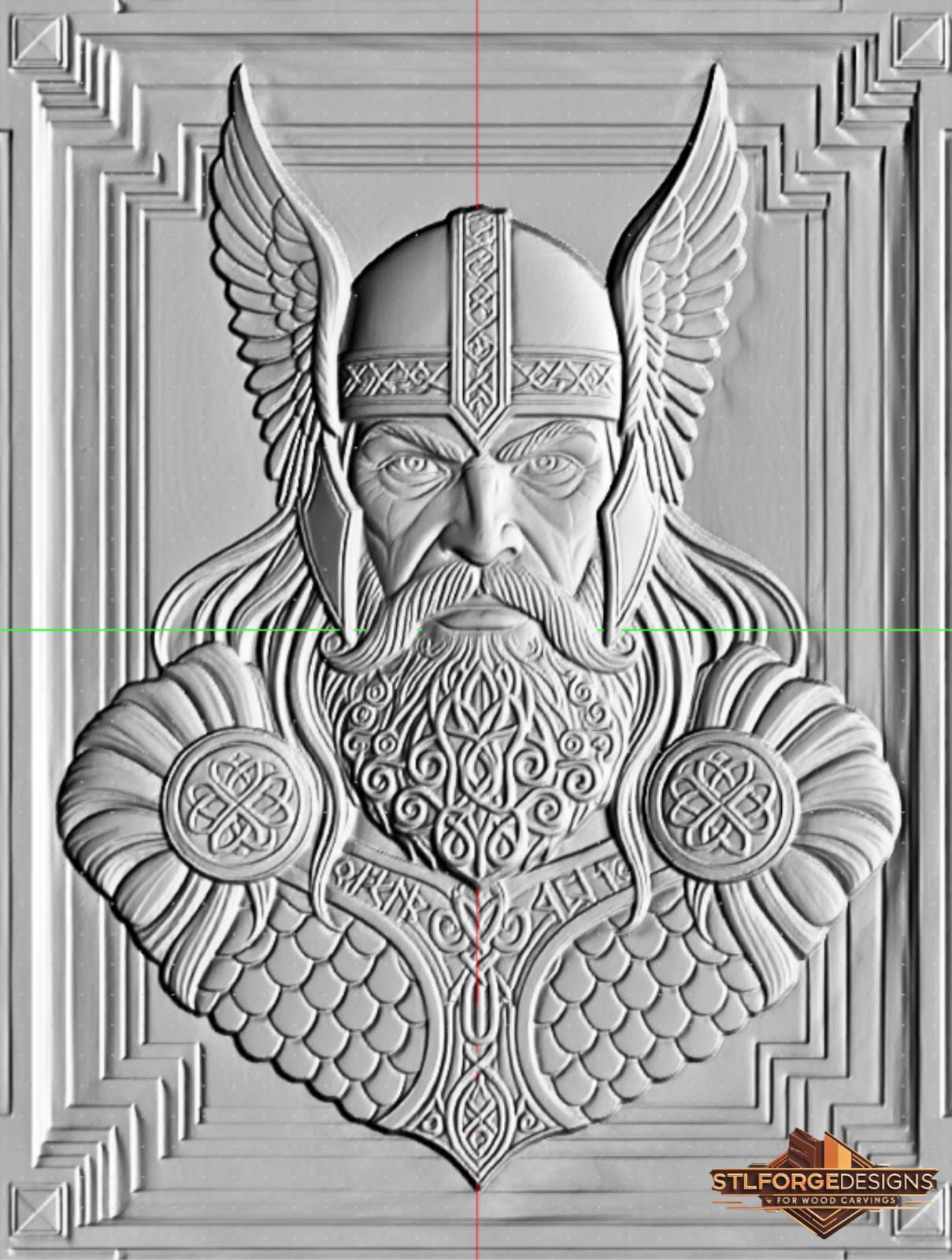 STL file Odin bust armor Mjolnir CNC — Art Deco stepped frame scale armor Celtic beard CNC-ready for Aspire ArtCAM Fusion 360
