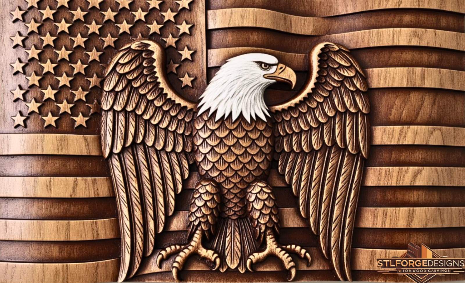 Bald Eagle Wavy Flag STL File – 3D Relief CNC Wood Carving | Patriotic Eagle American Flag Panel