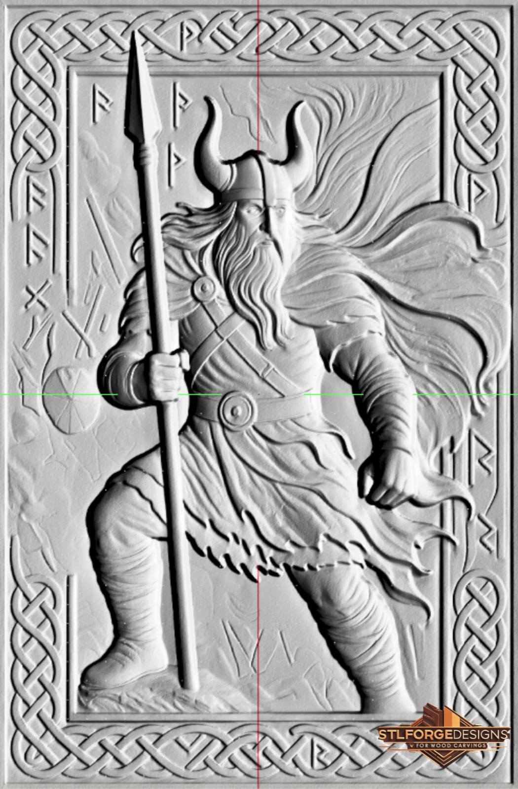 Odin god of war battle STL CNC router 3D relief — Norse god Odin with horned helmet Gungnir attacking billowing cloak Viking army runic borders on all sides and Celtic knotwork frame wood carving model