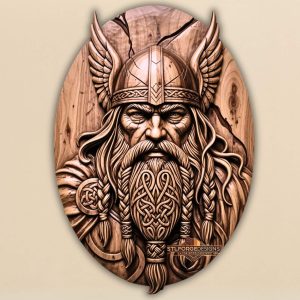 Odin oval portrait medallion STL CNC router 3D relief — Norse god Odin realistic portrait with winged horned helmet Celtic knotwork beard braids with ornaments and wood grain texture background oval format wood carving model