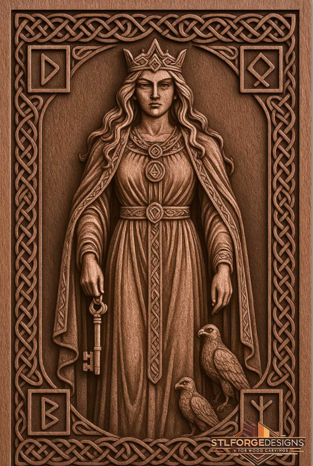 Frigg full figure falcon STL CNC detail — close-up of key pointing down and falcon at Frigg's feet with detailed feathers, deep 3D relief
