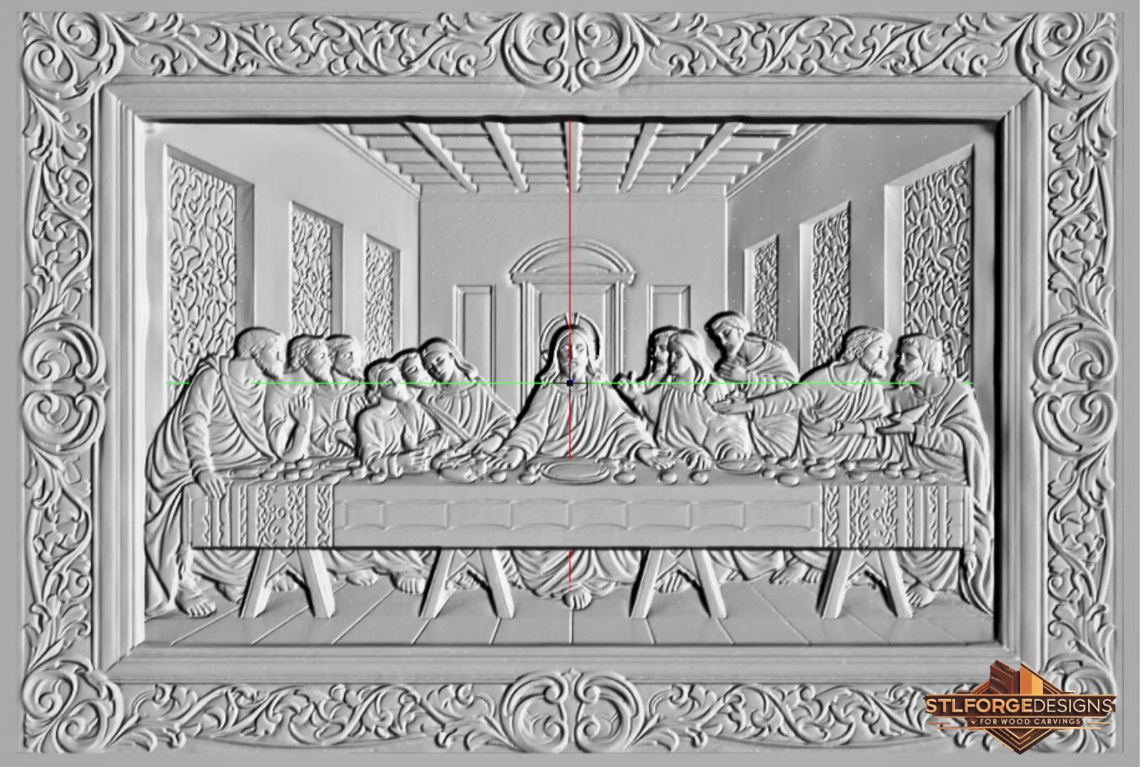 STL file Last Supper CNC wood carving — horizontal format baroque frame perspective architecture CNC-ready for Aspire ArtCAM Fusion 360