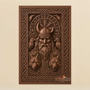 Один трон гарвани вълци STL CNC 3D релеф — Norse бог Один с рогат шлем Вегвисир рунически кръг четири гарвана два вълка Гунгнир и Celtic рамка модел за дърворезба
