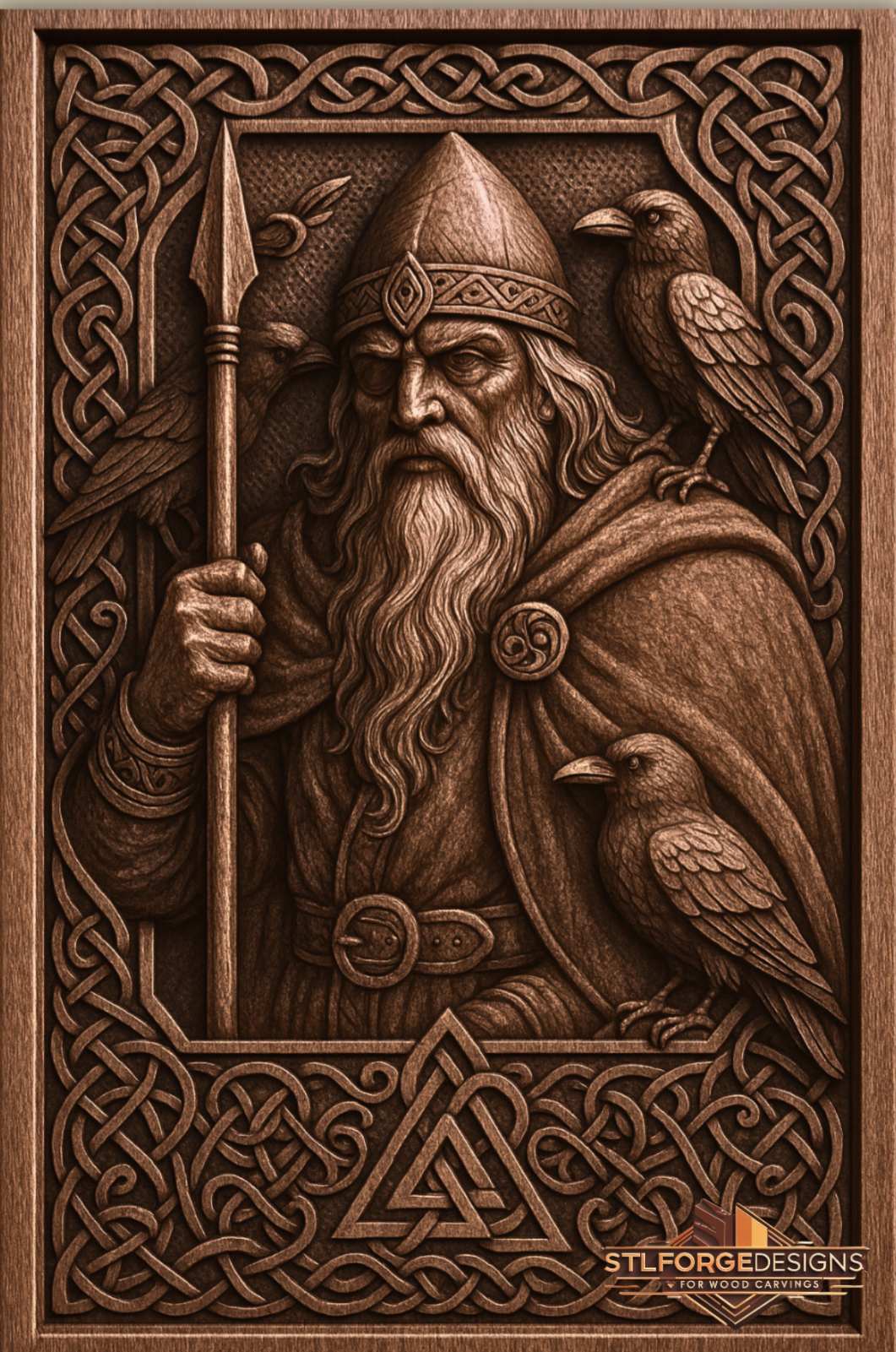 Odin ravens viking STL CNC 3D relief — Odin with spear two ravens Huginn Muninn valknut and Celtic knotwork frame Norse mythology, wood carving model