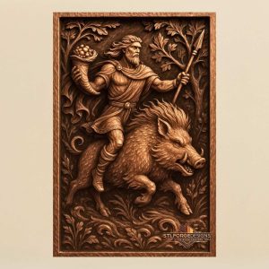 Freyr boar STL CNC 3D relief — Norse god of fertility riding Gullinbursti with cornucopia and spear, wood carving model