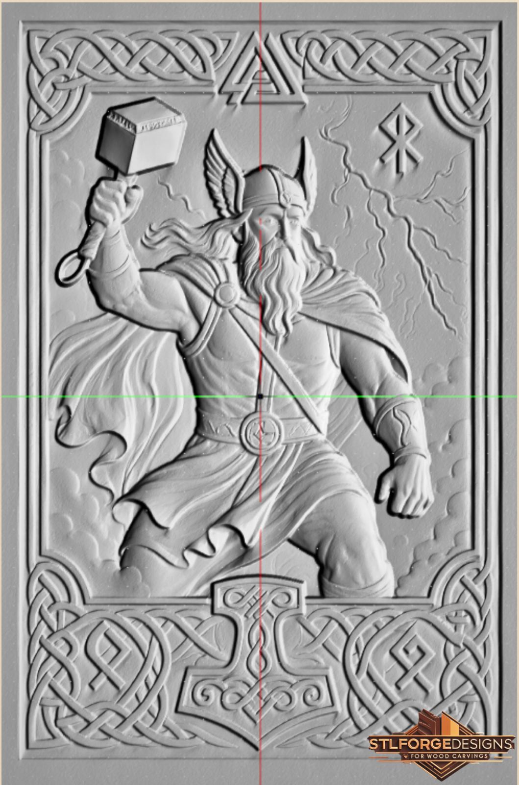 Thor valknut Mjolnir symbol STL CNC 3D relief — Thor with lightning Valknut top Othala rune right decorated Mjolnir symbol bottom in rich Celtic knotwork frame, wood carving model