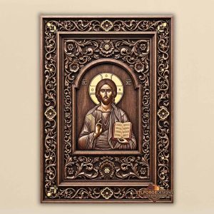 Christ open gospel arch STL CNC 3D relief — Orthodox icon Jesus Christ with open Gospel in arch inscriptions IC XC and dark floral frame with two-tone effect, wood carving model