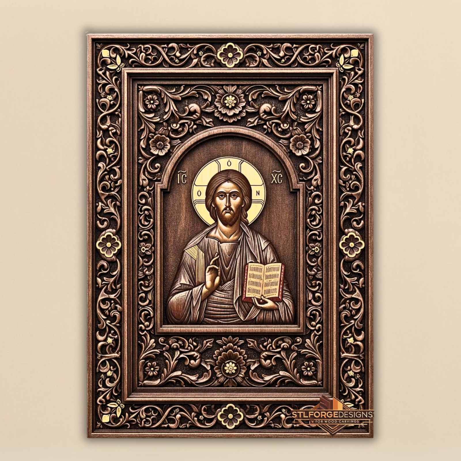 Christ open gospel arch STL CNC 3D relief — Orthodox icon Jesus Christ with open Gospel in arch inscriptions IC XC and dark floral frame with two-tone effect, wood carving model