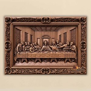 Last Supper STL CNC wood carving 3D relief — Jesus Christ with 12 apostles around table perspective room baroque frame with acanthus ornaments wood carving model