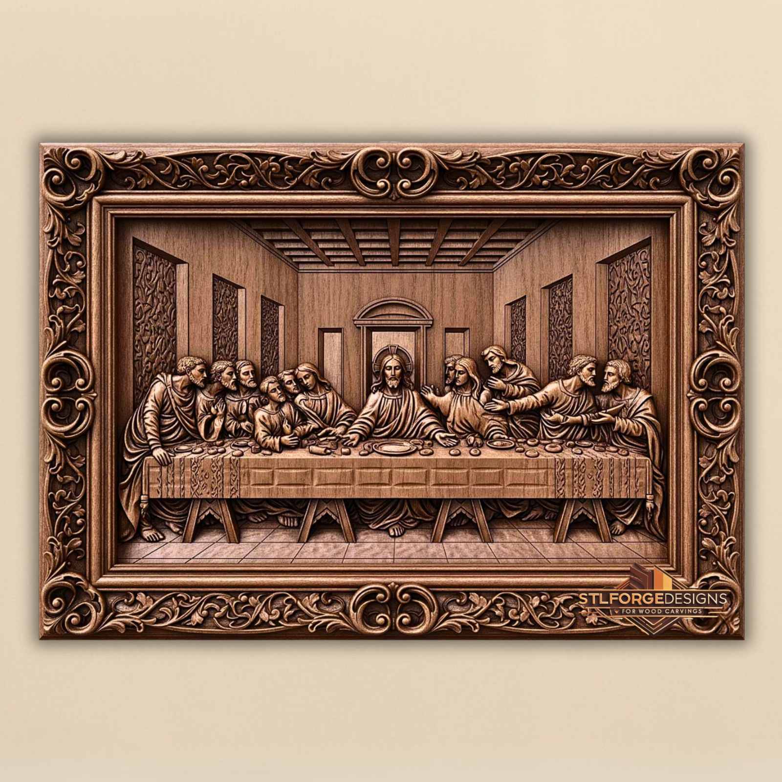 Last Supper STL CNC wood carving 3D relief — Jesus Christ with 12 apostles around table perspective room baroque frame with acanthus ornaments wood carving model