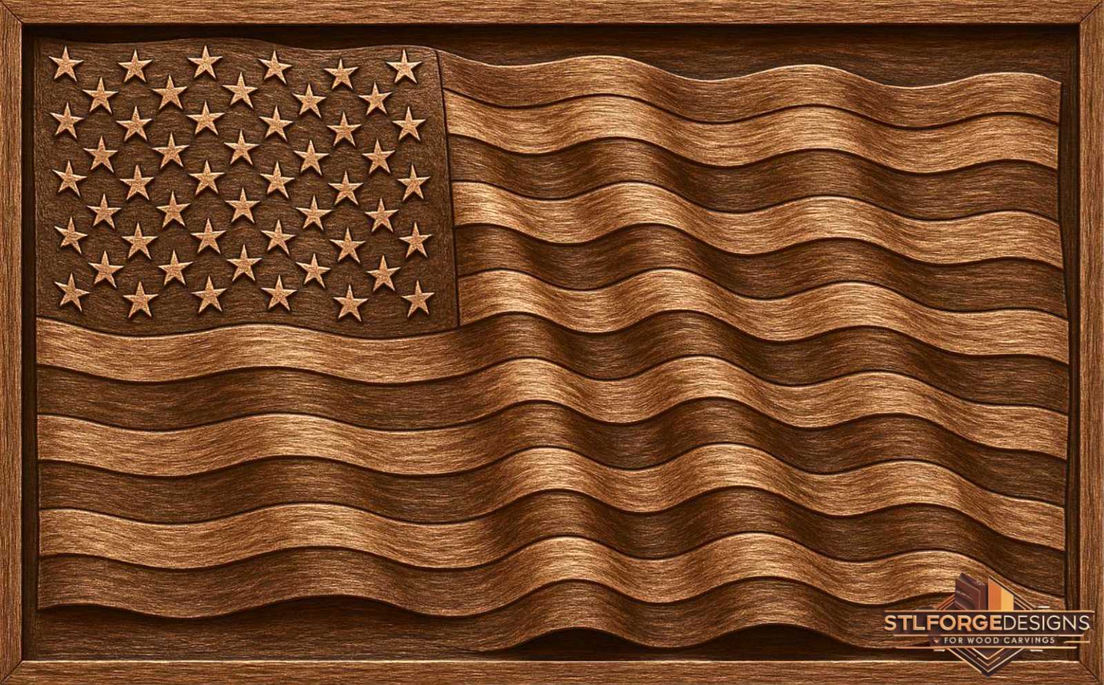 American Flag STL File – 3D Relief CNC Wood Carving | Wavy USA Flag 50 Stars | Patriotic Wall Panel