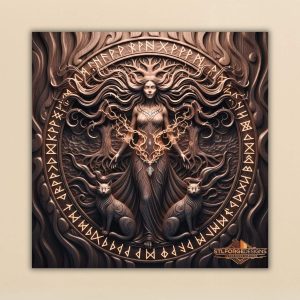 Freya STL file for CNC router — Scandinavian wall panel with goddess and rune circle, wood decor