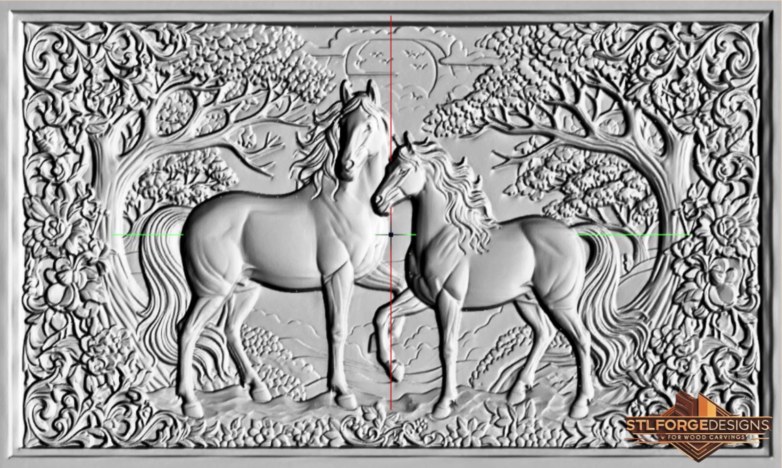 Horses floral frame STL CNC detail — close-up of floral border with roses leaves and acanthus ornaments, deep 3D relief