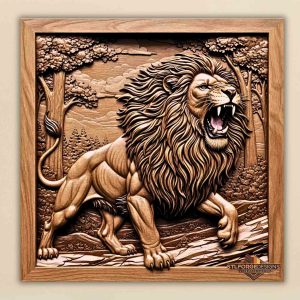 lion stl file cnc wood carving forest scene square framed panel 3D relief