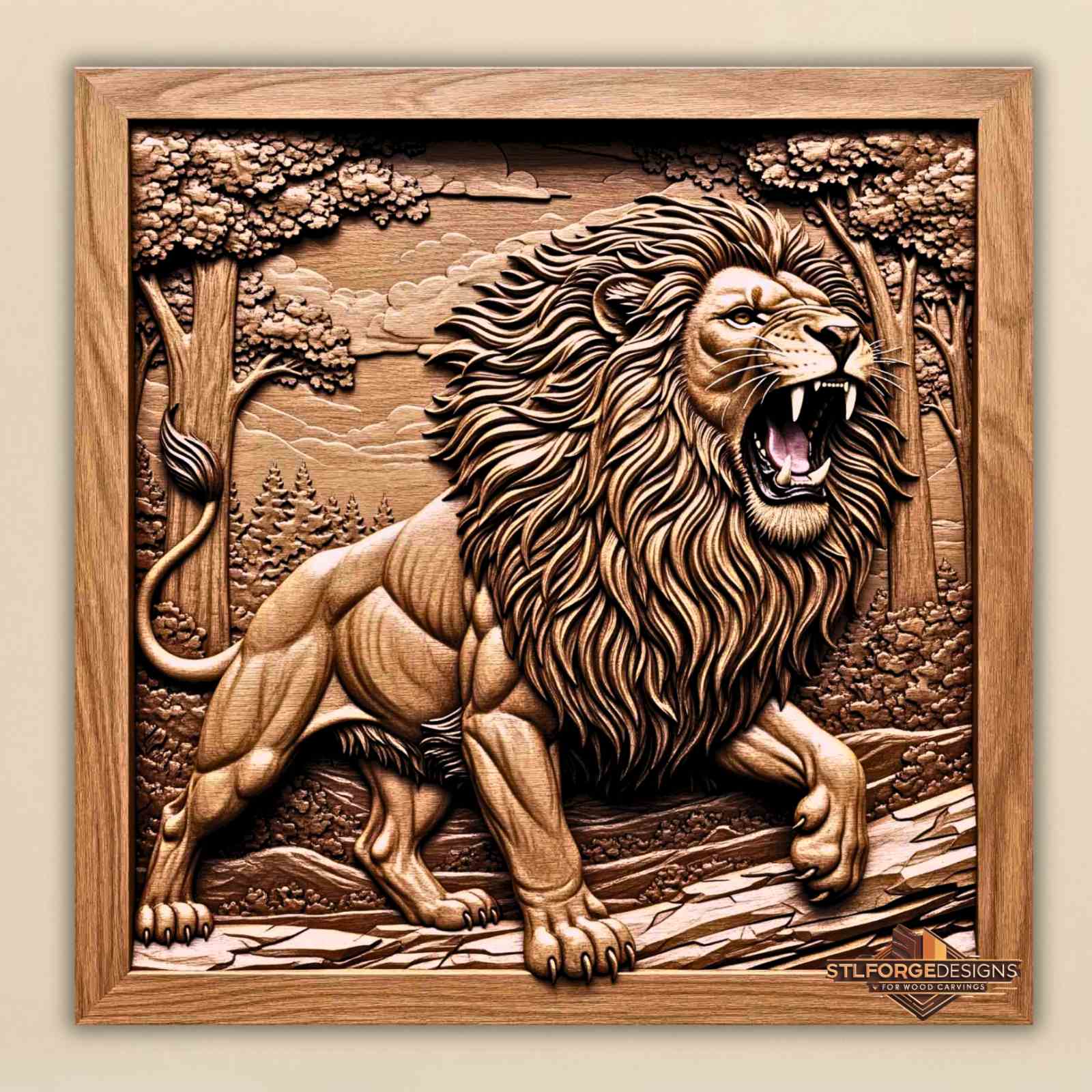lion stl file cnc wood carving forest scene square framed panel 3D relief