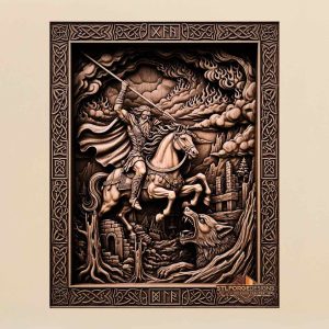 Odin Sleipnir Fenrir fire clouds STL CNC router 3D relief — Norse Odin on Sleipnir with Gungnir fire clouds above Fenrir below right destroyed buildings runic borders and Celtic knotwork frame wood carving model