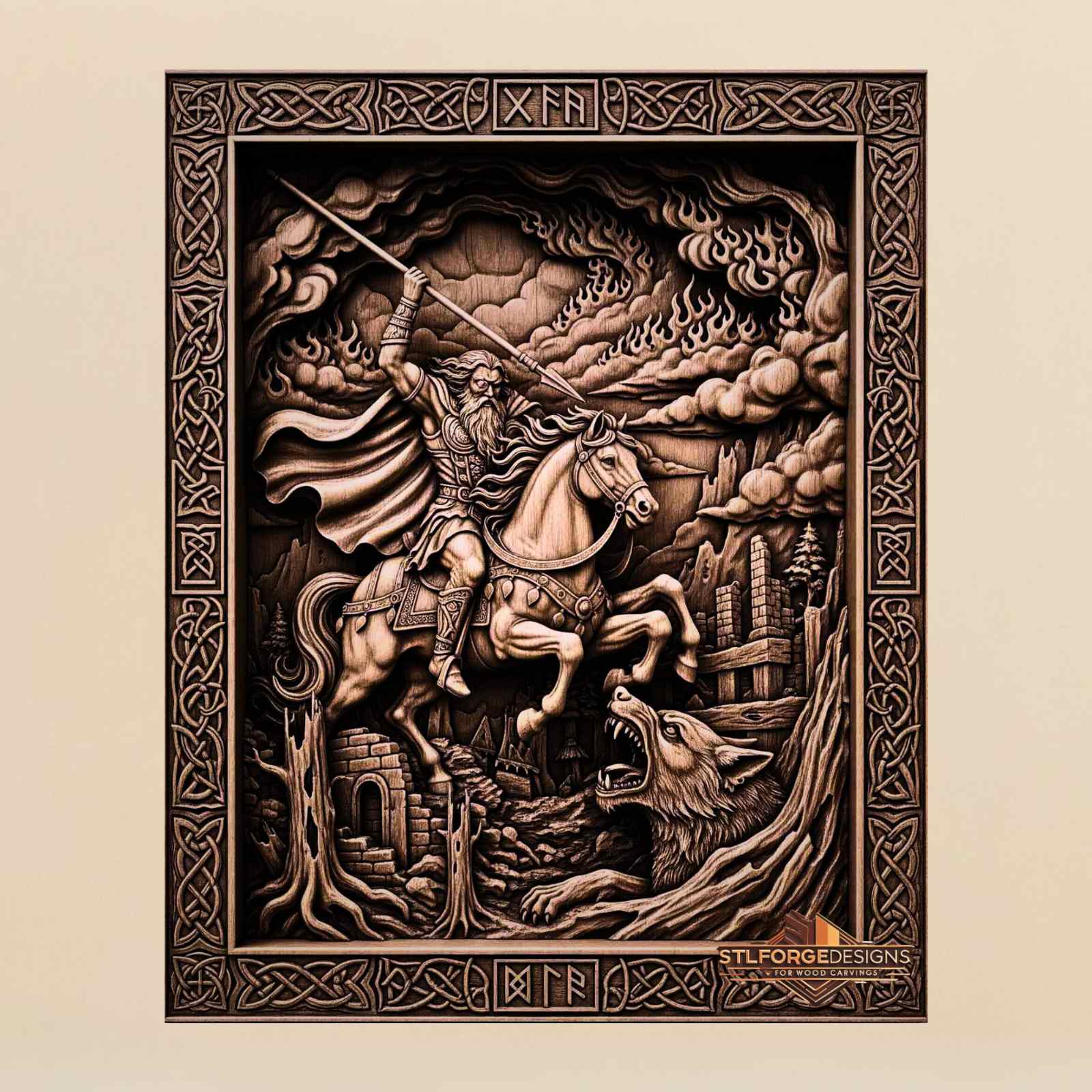 Odin Sleipnir Fenrir fire clouds STL CNC router 3D relief — Norse Odin on Sleipnir with Gungnir fire clouds above Fenrir below right destroyed buildings runic borders and Celtic knotwork frame wood carving model