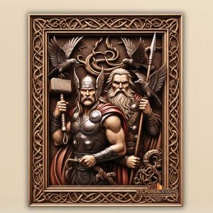 STL file Thor Odin two ravens CNC — Huginn Muninn dual Norse scene Celtic frame Jormungandr background CNC-ready for Aspire ArtCAM Fusion 360