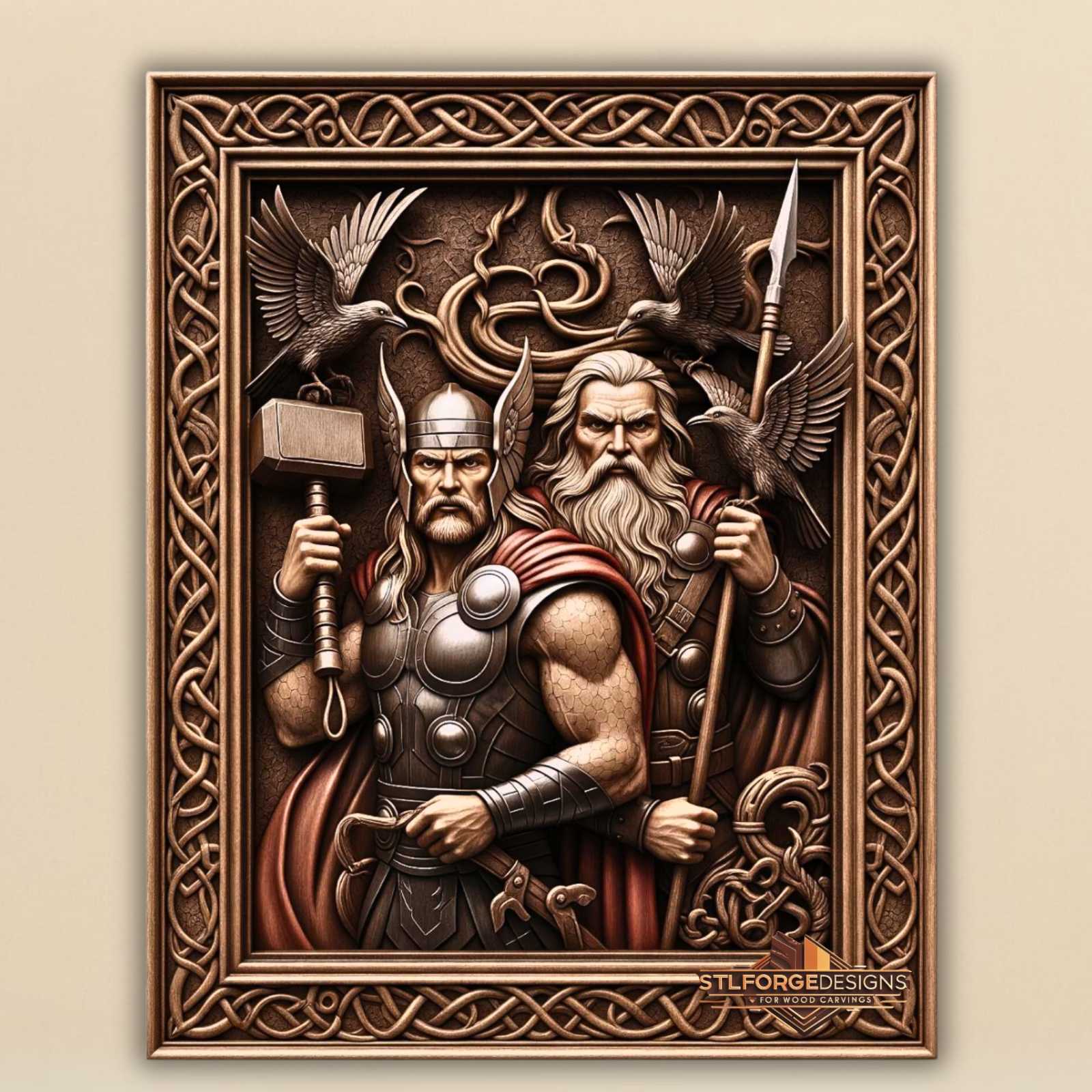 STL file Thor Odin two ravens CNC — Huginn Muninn dual Norse scene Celtic frame Jormungandr background CNC-ready for Aspire ArtCAM Fusion 360