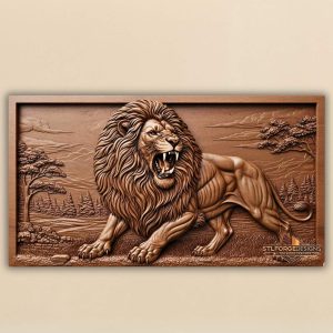 lion stl file cnc wood carving attacking lion 3D relief forest landscape
