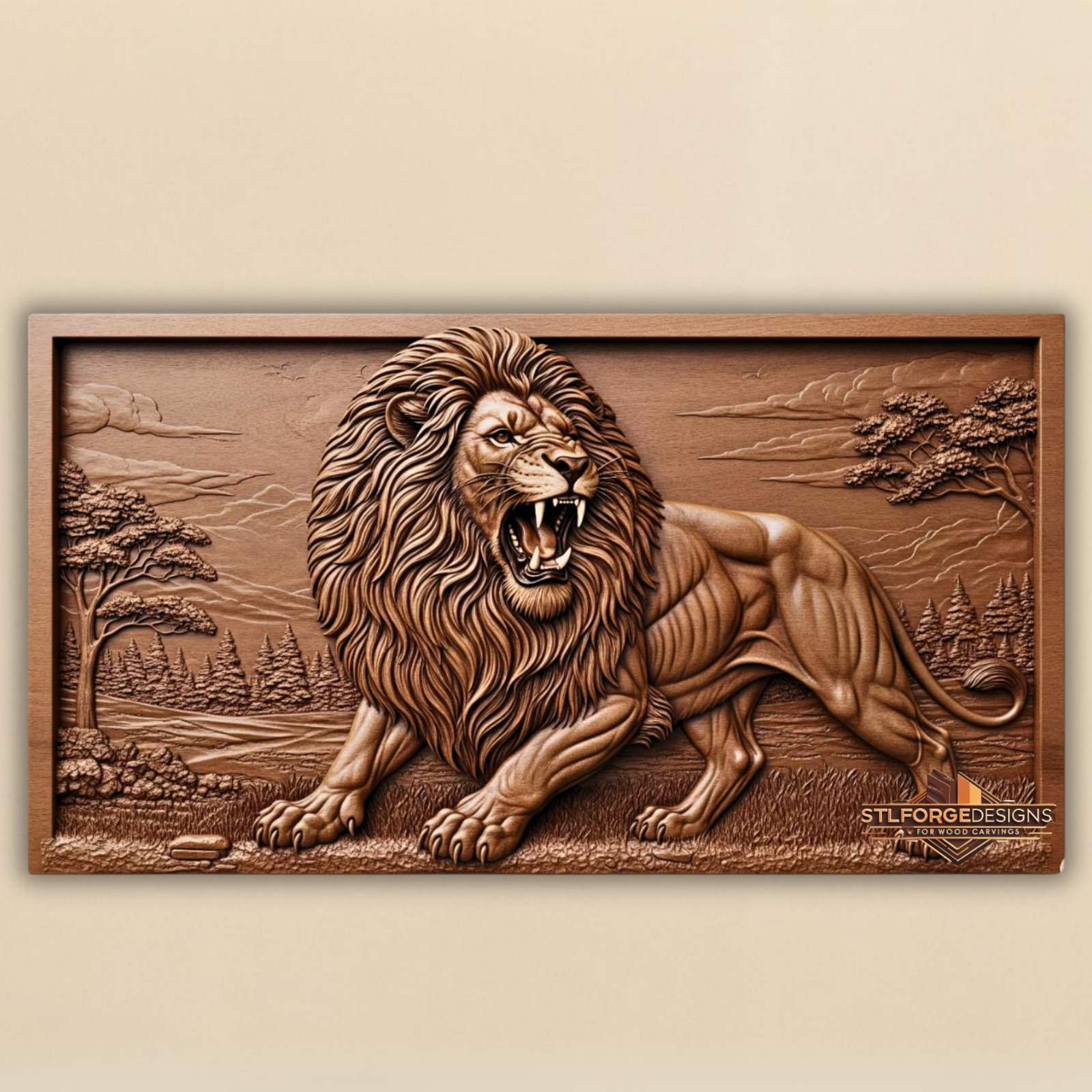 lion stl file cnc wood carving attacking lion 3D relief forest landscape