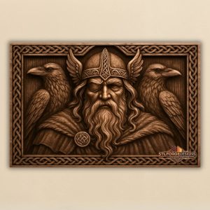 Norse mythology wall panel featuring Odin and two ravens for CNC carving