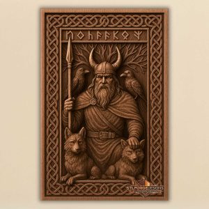 Odin wolves ravens runes STL CNC wall panel — finished wood carving of Odin wolves ravens runes and Celtic frame Norse mythology, beech wood