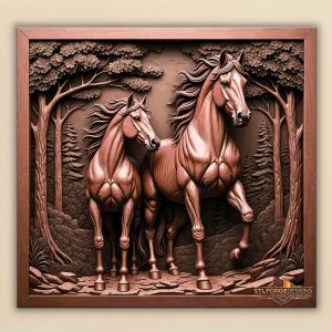Two horses forest moon STL CNC wall panel — finished wood carving of two horses forest scene pine trees and moon square frame, beech wood