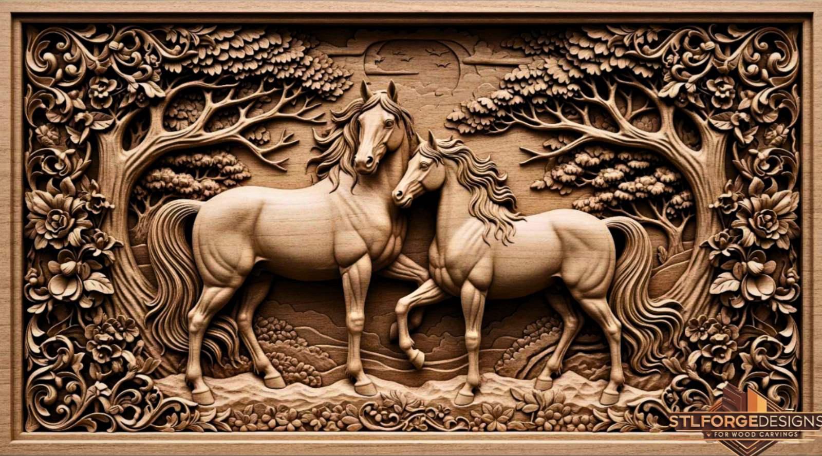 Horses floral frame STL CNC wall panel — finished wood carving of two horses roses and trees with decorative floral frame, beech wood