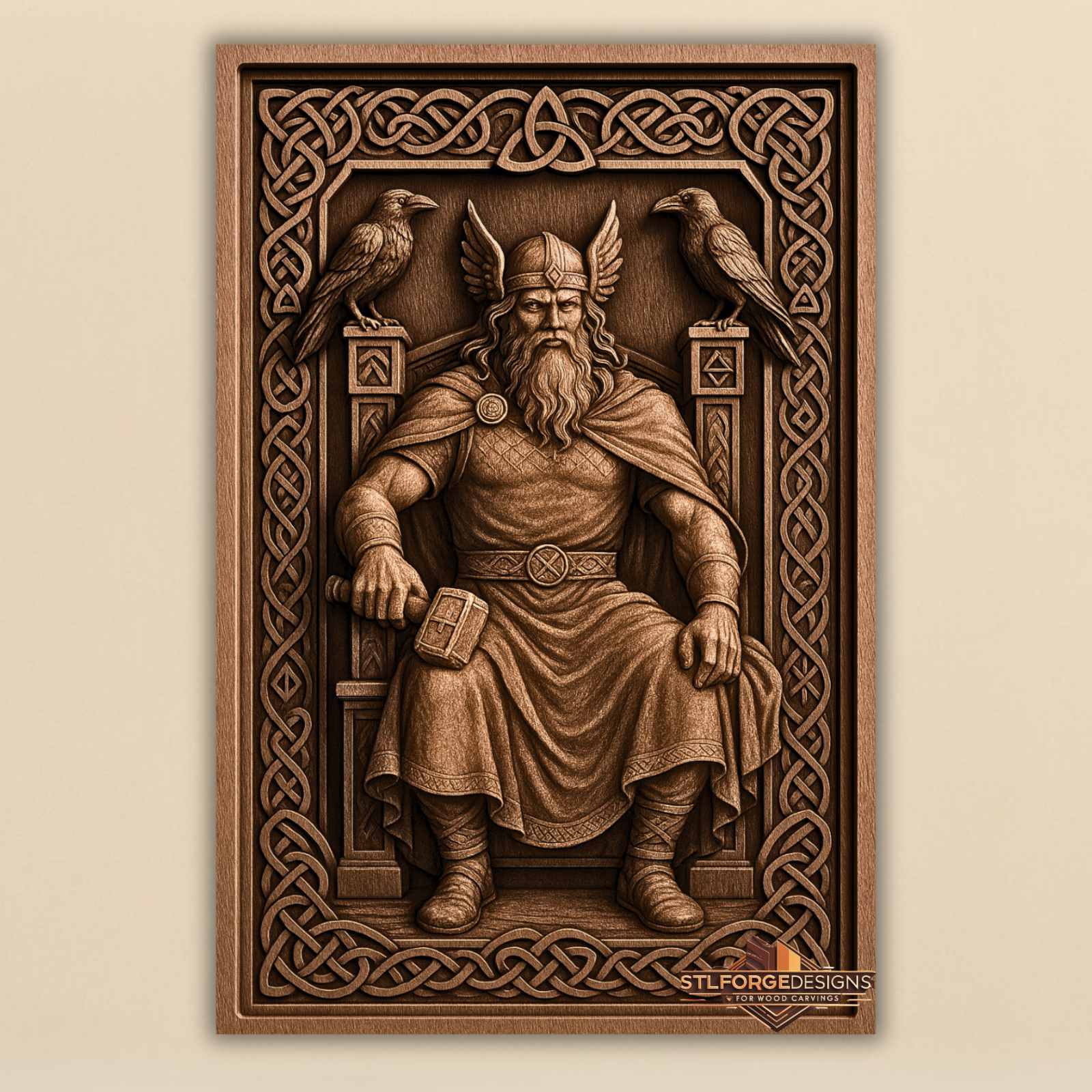 Thor throne ravens STL CNC wall panel — finished wood carving of Thor on throne two ravens and Triquetra in rich Celtic knotwork frame, beech wood