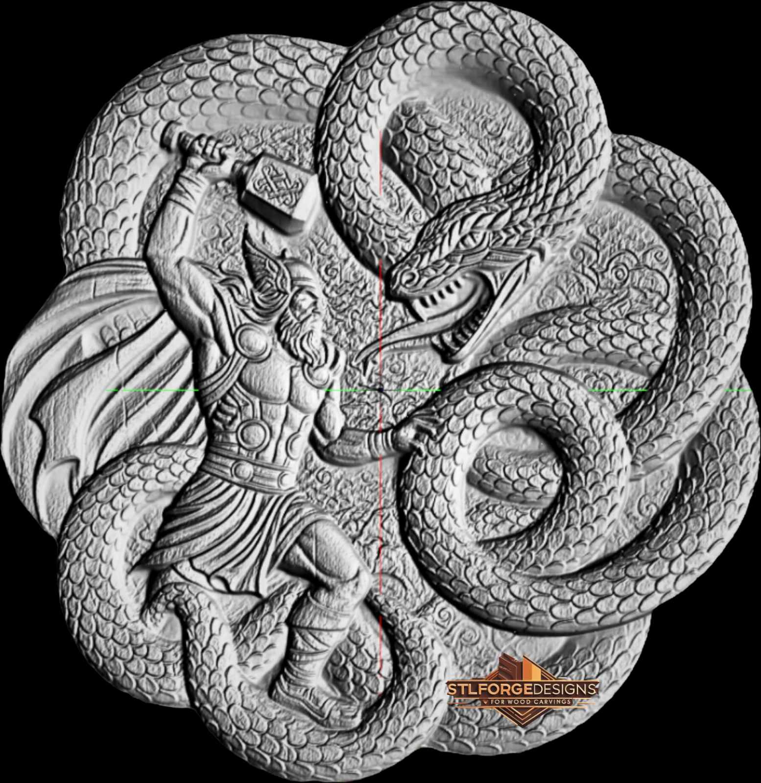 Thor Jormungandr medallion STL CNC router 3D relief — circular Norse medallion Thor with Mjolnir surrounded by Jormungandr coils scales and textured background wood carving model