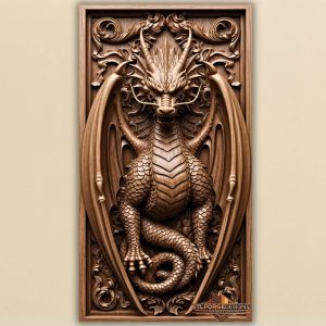Western dragon STL CNC 3D relief — fantasy dragon with wings in baroque frame frontal pose, detailed scales, wood carving model