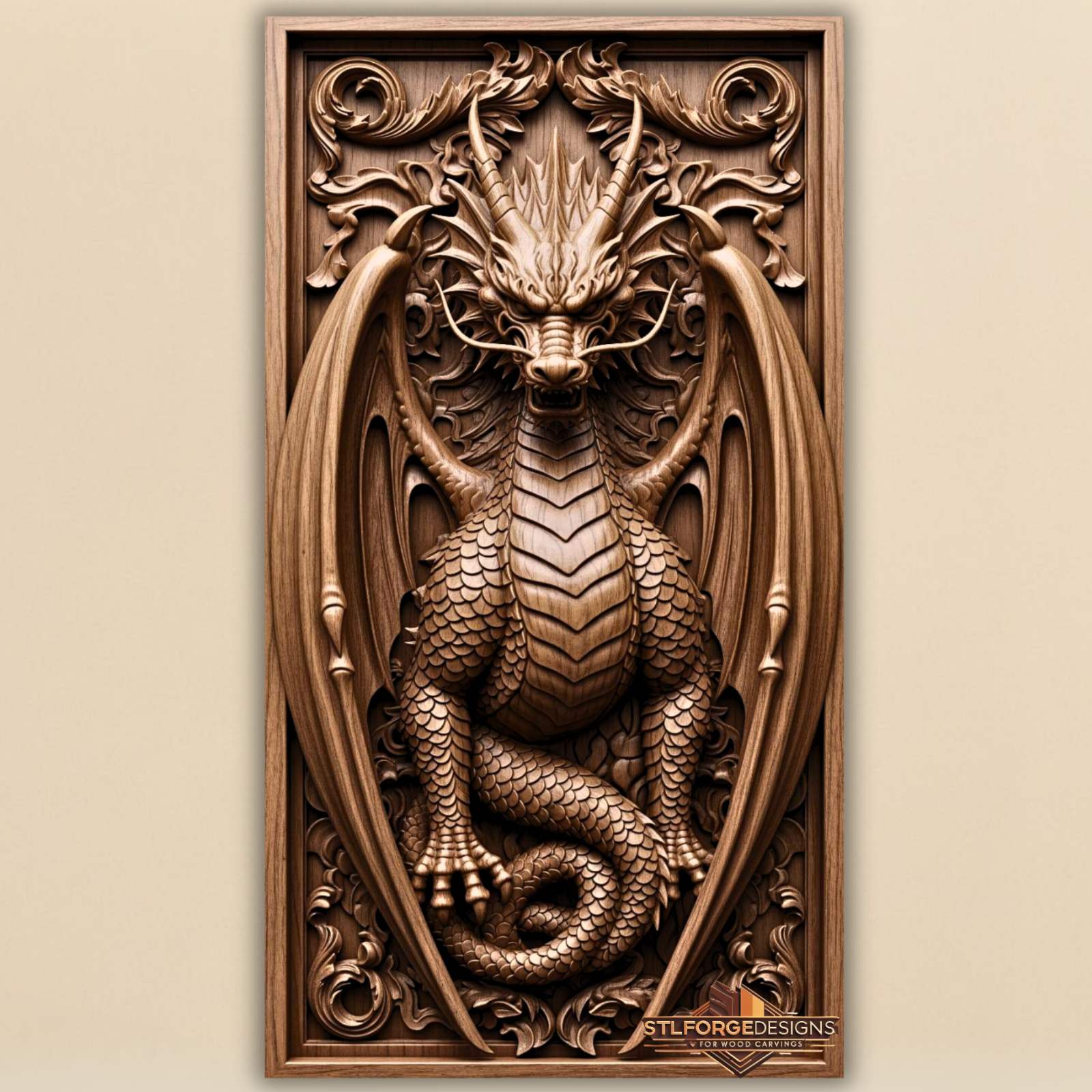 Western dragon STL CNC 3D relief — fantasy dragon with wings in baroque frame frontal pose, detailed scales, wood carving model