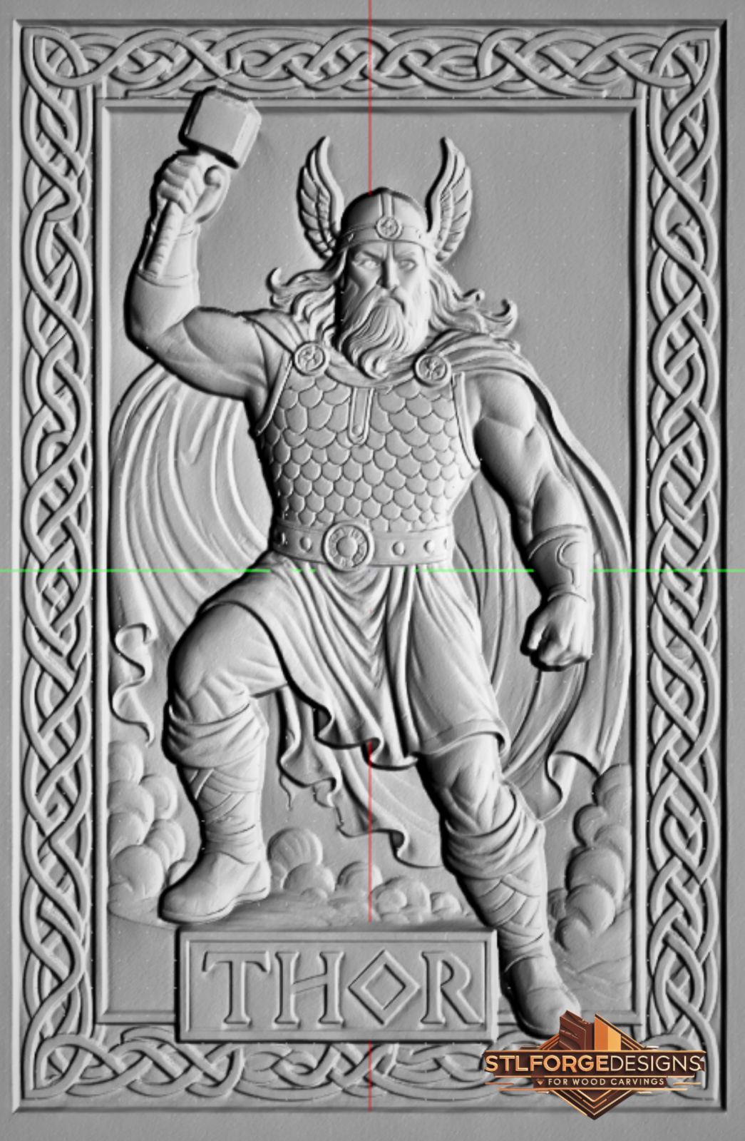 Thor name full figure STL CNC 3D relief — Thor in full figure with scale armor Mjolnir raised THOR inscription at base and rich Celtic knotwork frame, wood carving model