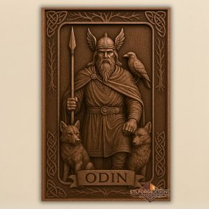 Odin name winged helmet STL CNC wall panel — finished wood carving of Odin winged helmet raven wolves and ODIN banner in Celtic frame, beech wood