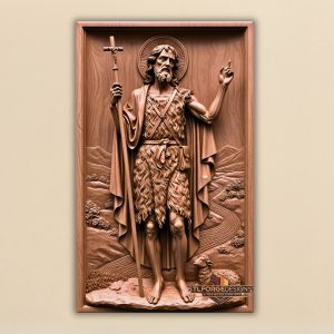 John the Baptist western style STL CNC router 3D relief — realistic religious icon John the Baptist with crucifix on cross pointing finger up camel hair mountain landscape river and lamb no frame wood carving model
