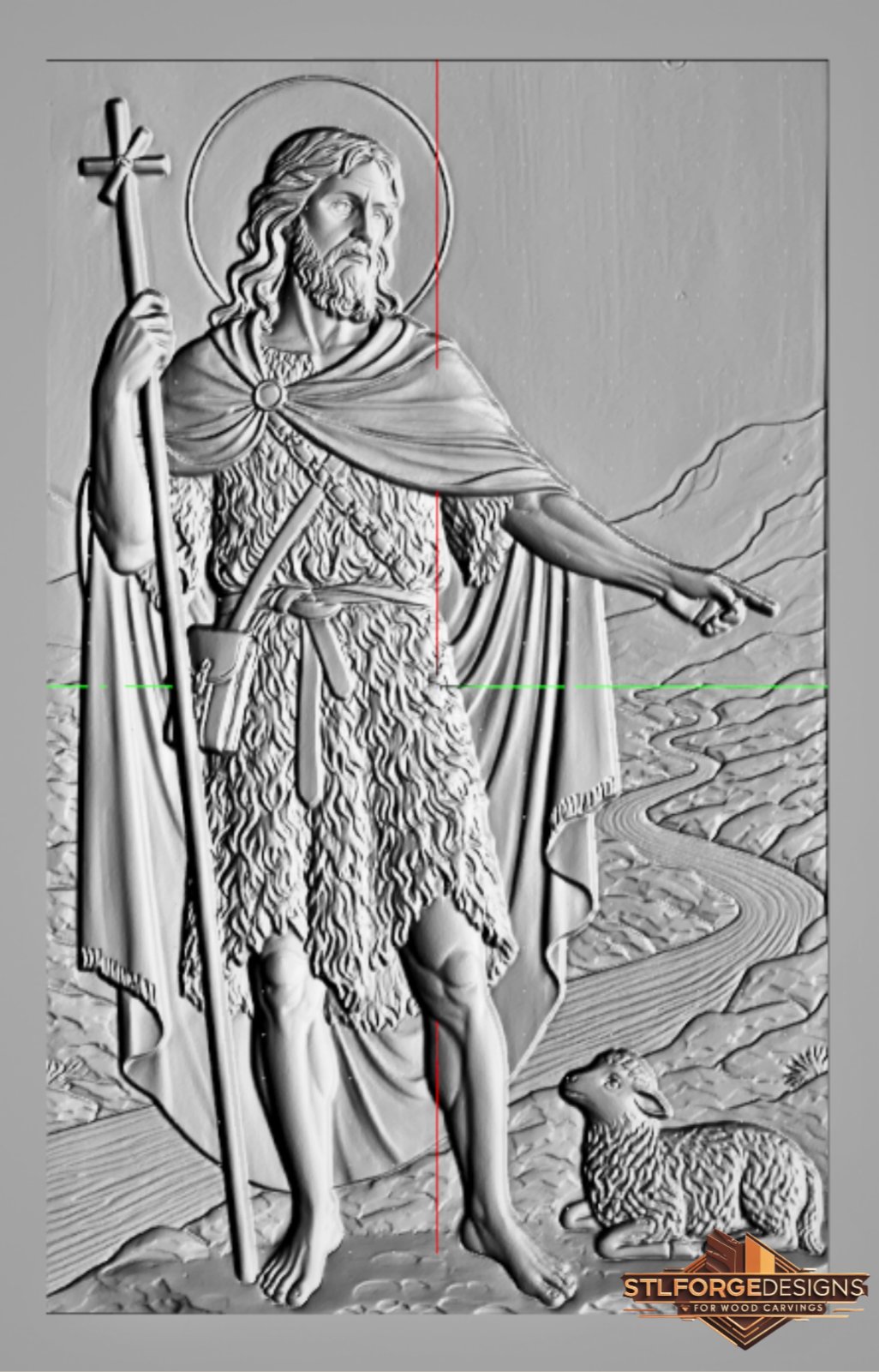 STL file John the Baptist realistic CNC — no frame wood texture background landscape with river Orthodox icon CNC-ready for Aspire ArtCAM Fusion 360