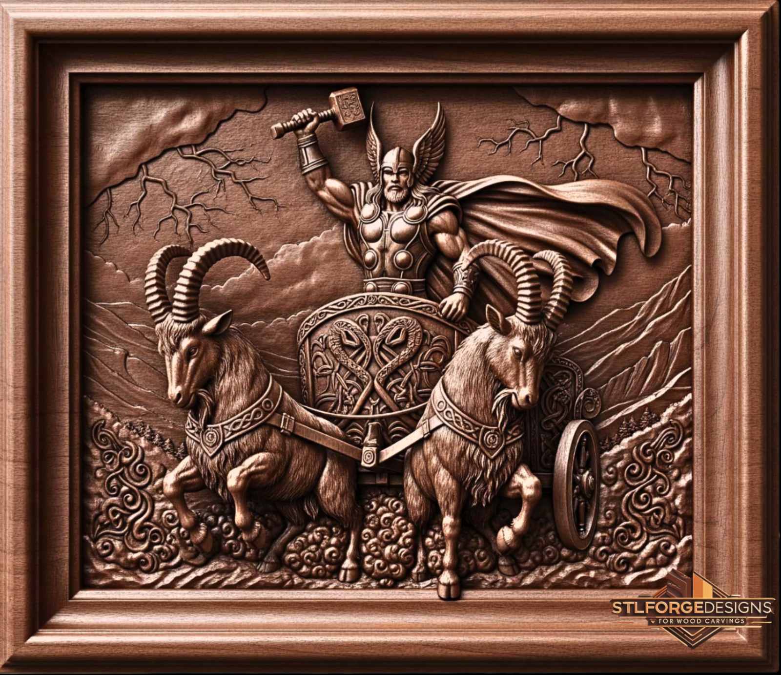 STL file Thor chariot horizontal CNC — horizontal format wooden frame Celtic side goats mountains CNC-ready for Aspire ArtCAM Fusion 360